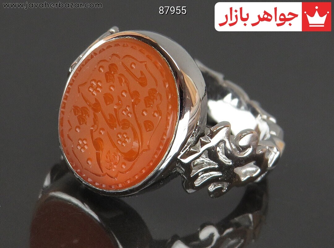 انگشتر نقره عقیق یمنی نارنجی خاک تربت مردانه دست ساز به همراه حرز امام جواد [یا قمر بنی هاشم]
